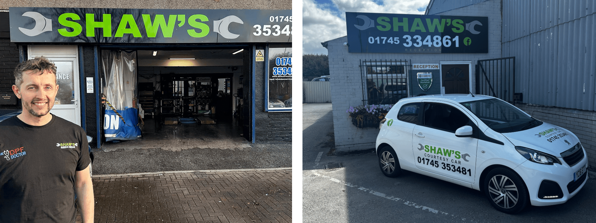 Two photos of the Shaw's Service Station branches. On the left, we have the Kimnel Bay branch with owner Richard standing proudly outside. On the right we have the Rhyl branch with our courtesy car outside.